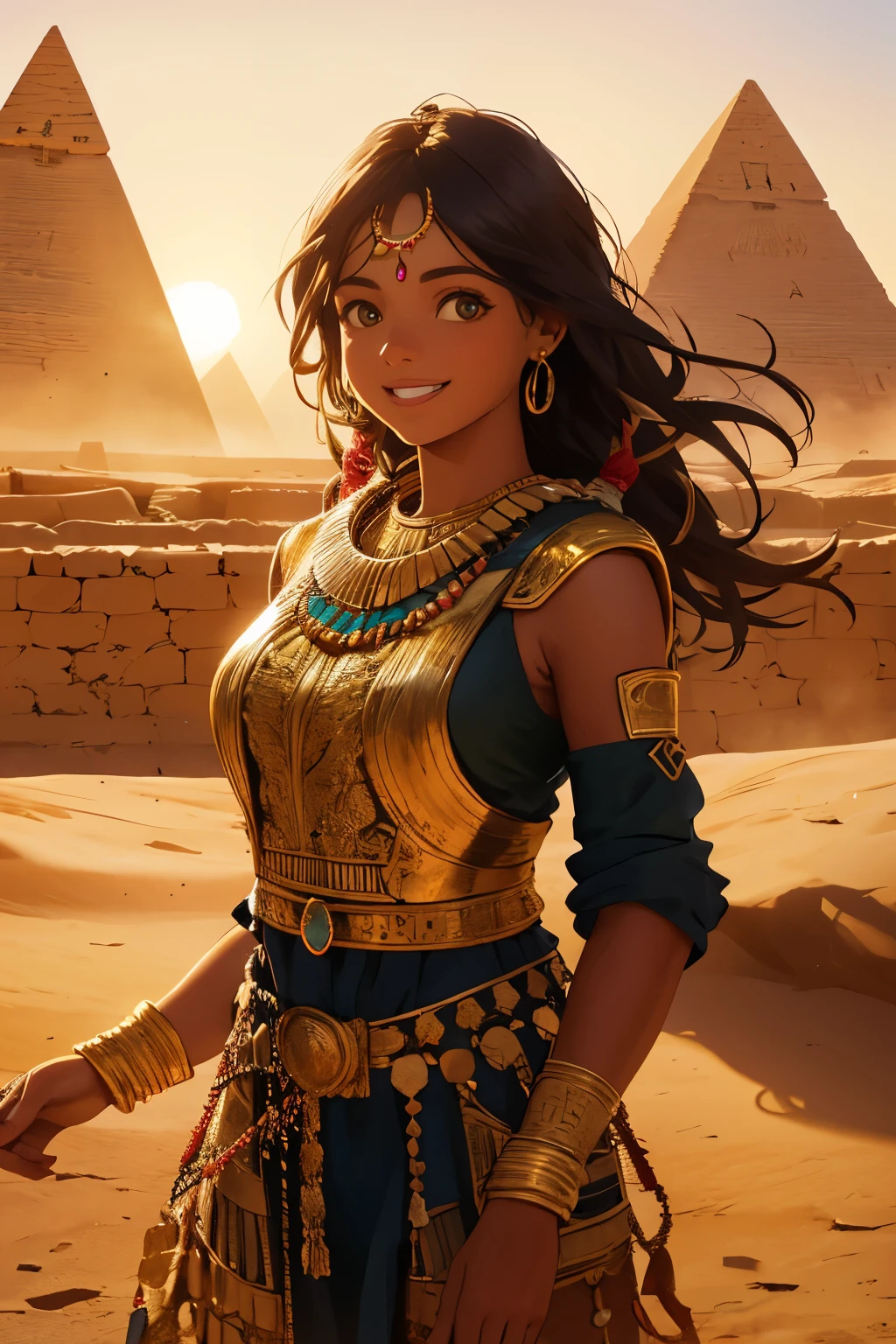 a young girl visiting the egyptian pyramids, smiling, adventurous style, energetic, highly detailed, photorealistic, 8k, hyperrealistic, extremely detailed, cinematic lighting, warm color tones, dramatic shadows, ornate jewelry, intricate clothing details, confident pose, dynamic composition, golden hour lighting, volumetric fog, atmospheric haze