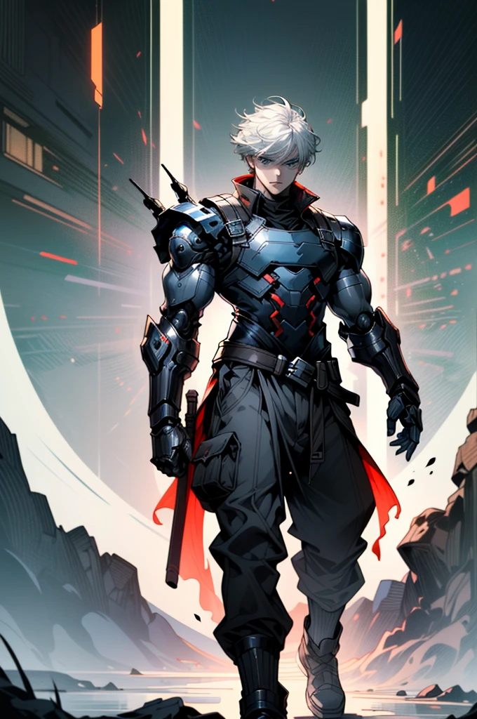 ((ultra detailed, masterpiece, absurdreBBarnes, 1boy, white hair, blue eyes, fantasy world, half body, Three red cores fixed on both forearms, mechanical arms, normal clothes, detailed mechanical hands, lean body, 19 old boy,