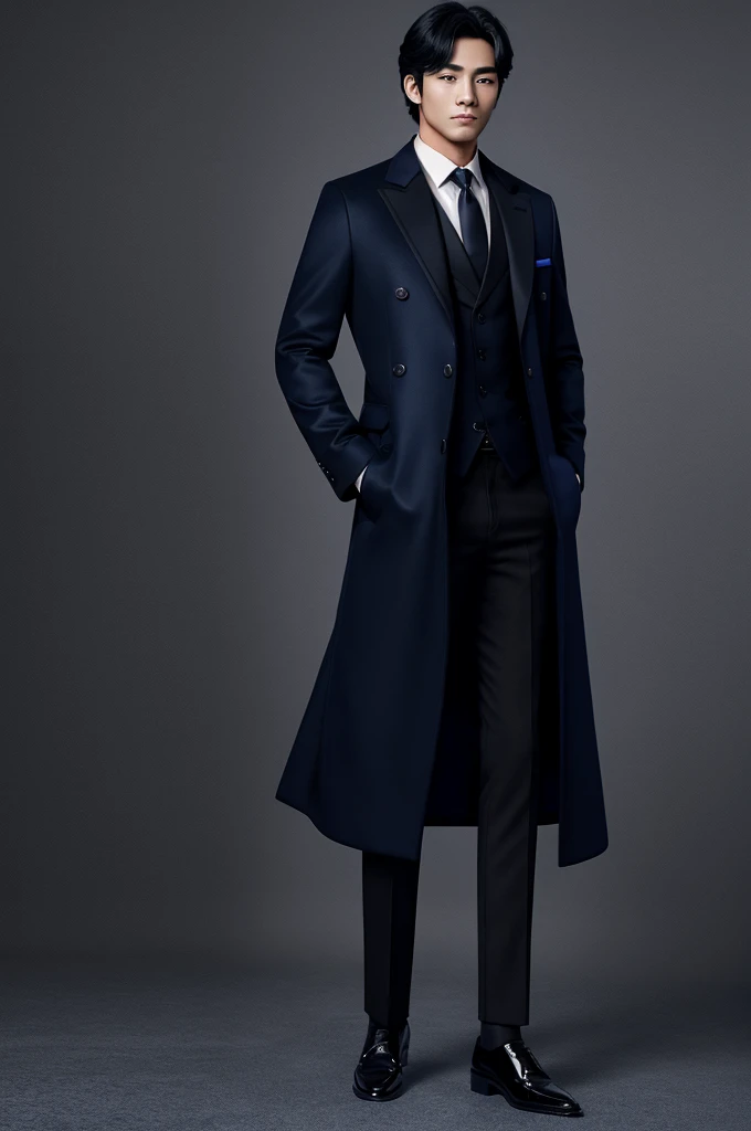 8k raw photokorean beautiful anime gentleman with stylist black hairs wearing glittery royal blue double press pent coat with inside black shirt first button open without any tie and black shiny dress shoes standing beautifuly full pic with grey background standing full pose more animated