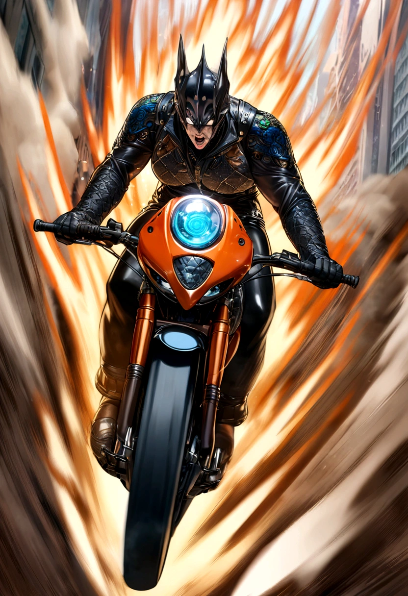 A (speeding) motorcycle the city at high speed,(slow motion:1.3),(Motion blur:1.3),(speed lines:1.4),sense of speed,anime art,huge busty,massive upperbody style down blouse fashion middle age adult bad lady,middle age tall bad lady,wild,(bad face:1.1),black leather suit,parted lips,rainbow color dragon tatoo,Sparks and smoke coming out of tires,beautiful Illustration,High resolution,8K, Very detailed,Best Illustration,Best Quality,ultra-detailliert,masterpiece,harley dvidson&mallrboro man