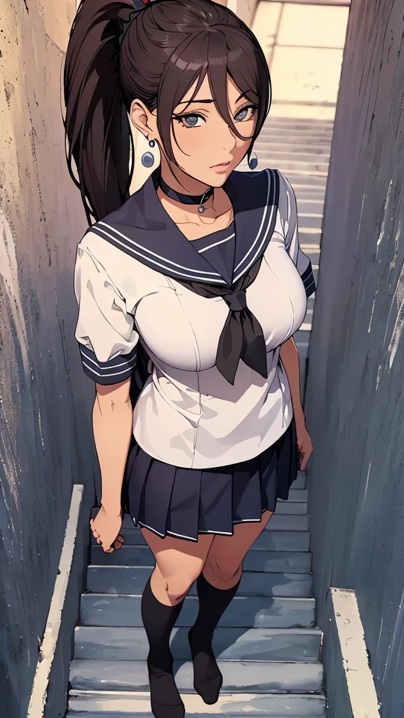 (((highest quality, High resolution, , Pixel Perfect, 4K))),((Correct Anatomy))、((Sailor suit))、(((School stairs))), ((From behindLow - Angle)),((highest quality)), ((Complex and detailed)), ((Black knee-high socks)), ((Mini Pleated Skirt))、An absurd solution, Mature Woman, Mature Woman, perspective, Very detailed,(((Full Body Shot)))、Great style、(Long Hair)、glamorous、Beautiful legini skirt、black tights、(((The whole body is visible))), One Woman, ((ponytail)), Perfect hands, Detailed fingers, Beautiful details,  Black choker, Earrings, Black Stockings, Perfect Eyes, Seductive eyes,(Low - Angle)