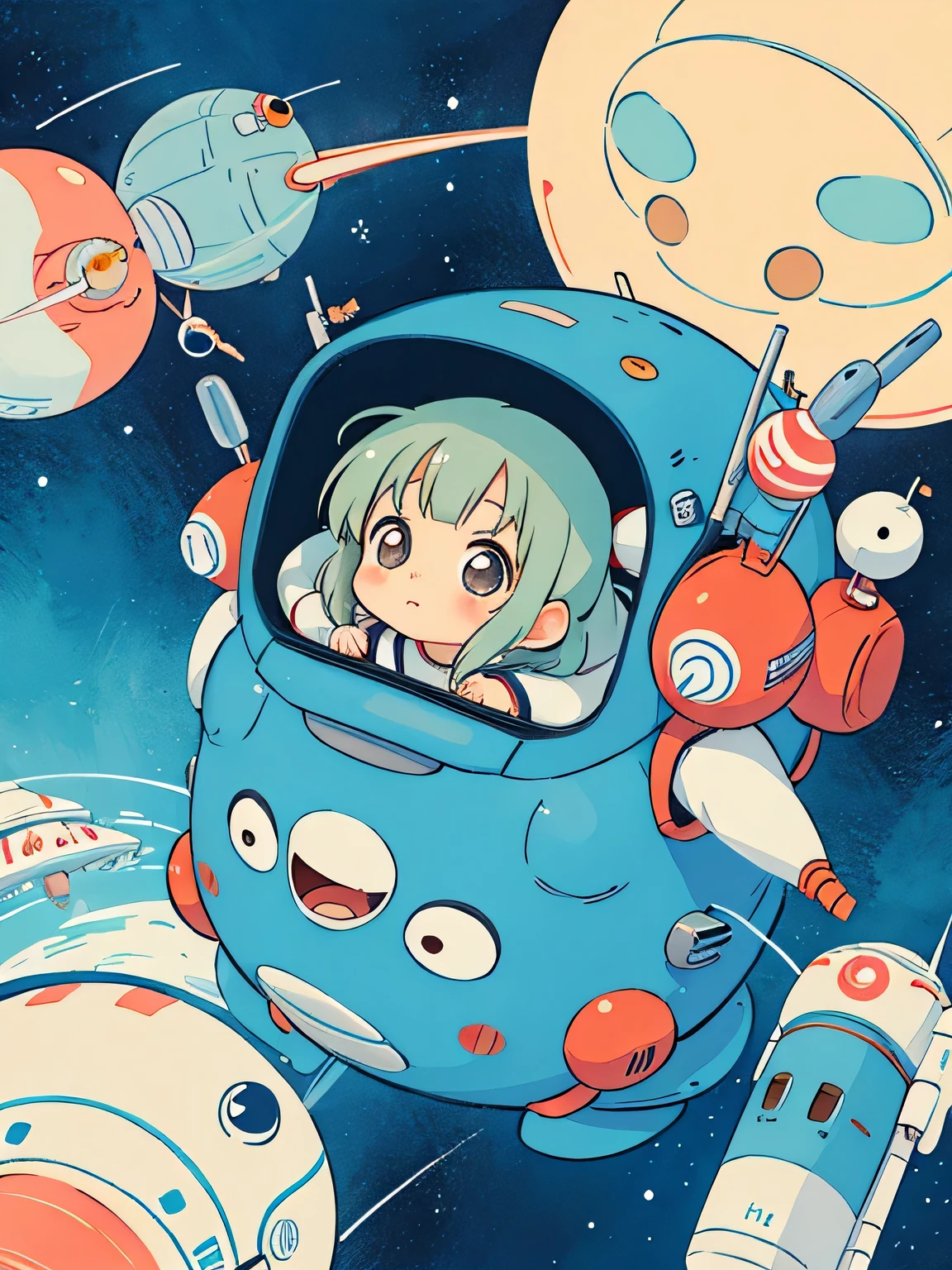 Hayao Mayazaki style, Kawaii Design, The most beautiful girl of all time、Chibi, totoro, Space Travel, Spaceship