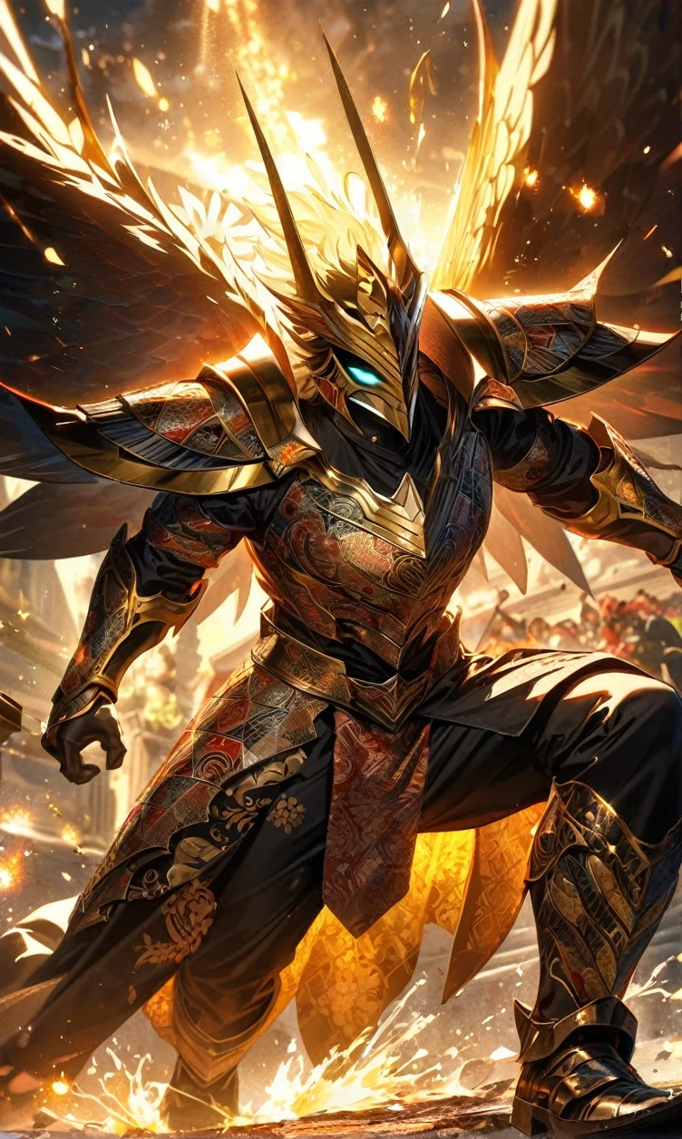 absurdres, highres, ultra detailed, HDR, masterpiece, extremely detailed face and eyes,Indonesian knight,Epic wings,red and white Garuda armor knight , Garuda knight mask, , Indonesia batik pattern , solo, man, handsome, ,, , Epic fight scene, golden splashing effect, golden effect,glowing glitters