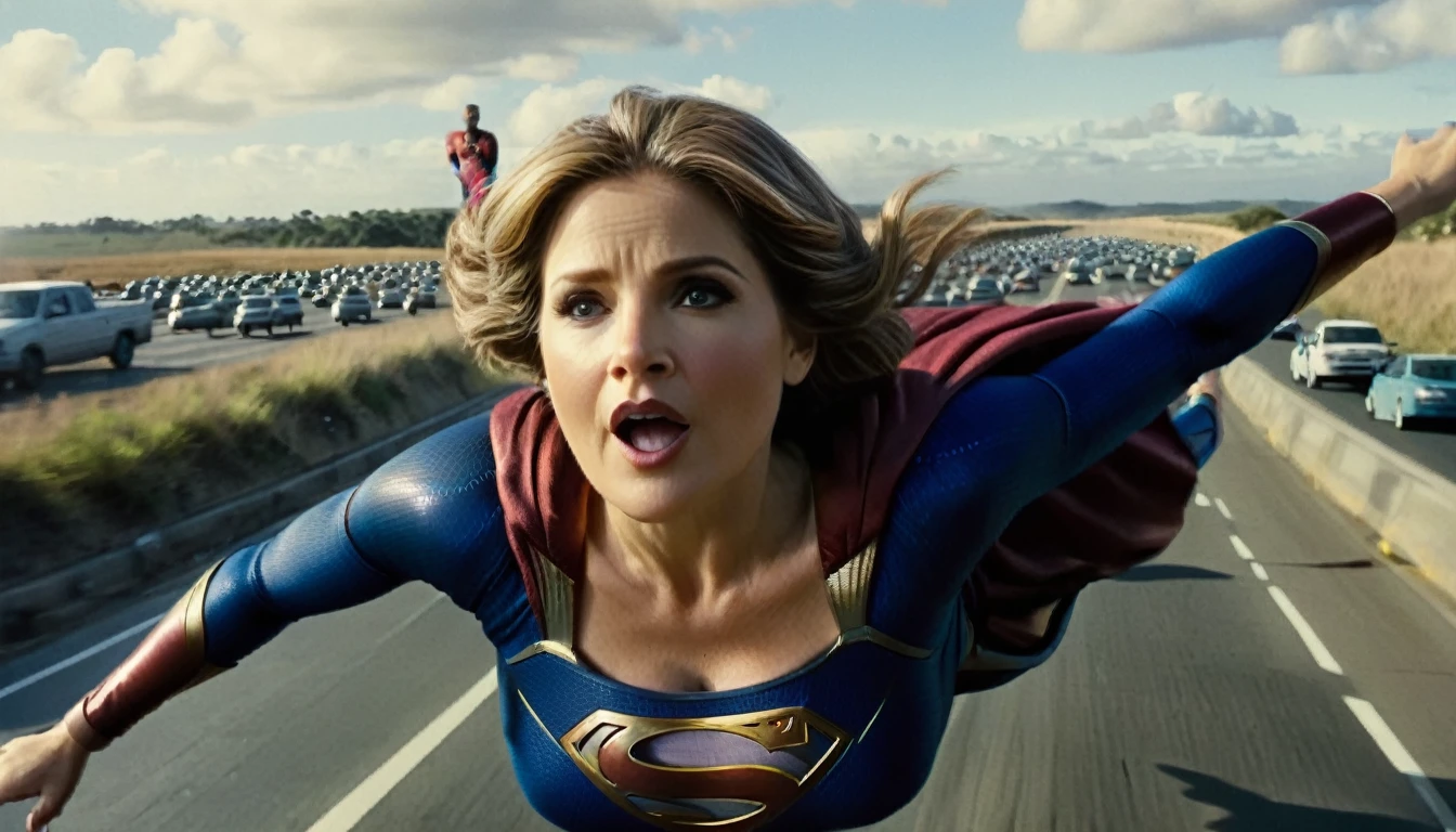 flying at super speed above a traffic jam; faster than a jet; old Lorraine Bracco busty((without glasses))) Supergirl (((70 years old; short hair))); floating above the Rio Grande do Sul 2024 highway; (heavy traffic; satellite view); superhero pose flying through the skies 