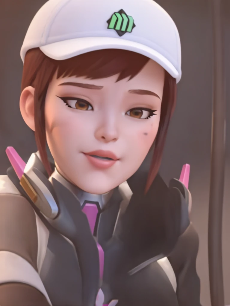 DVA from Overwatch without her roboter, 1 girl solo in her bedroom, a white t shirt, round glasses, tied up short brown hair, nsfw