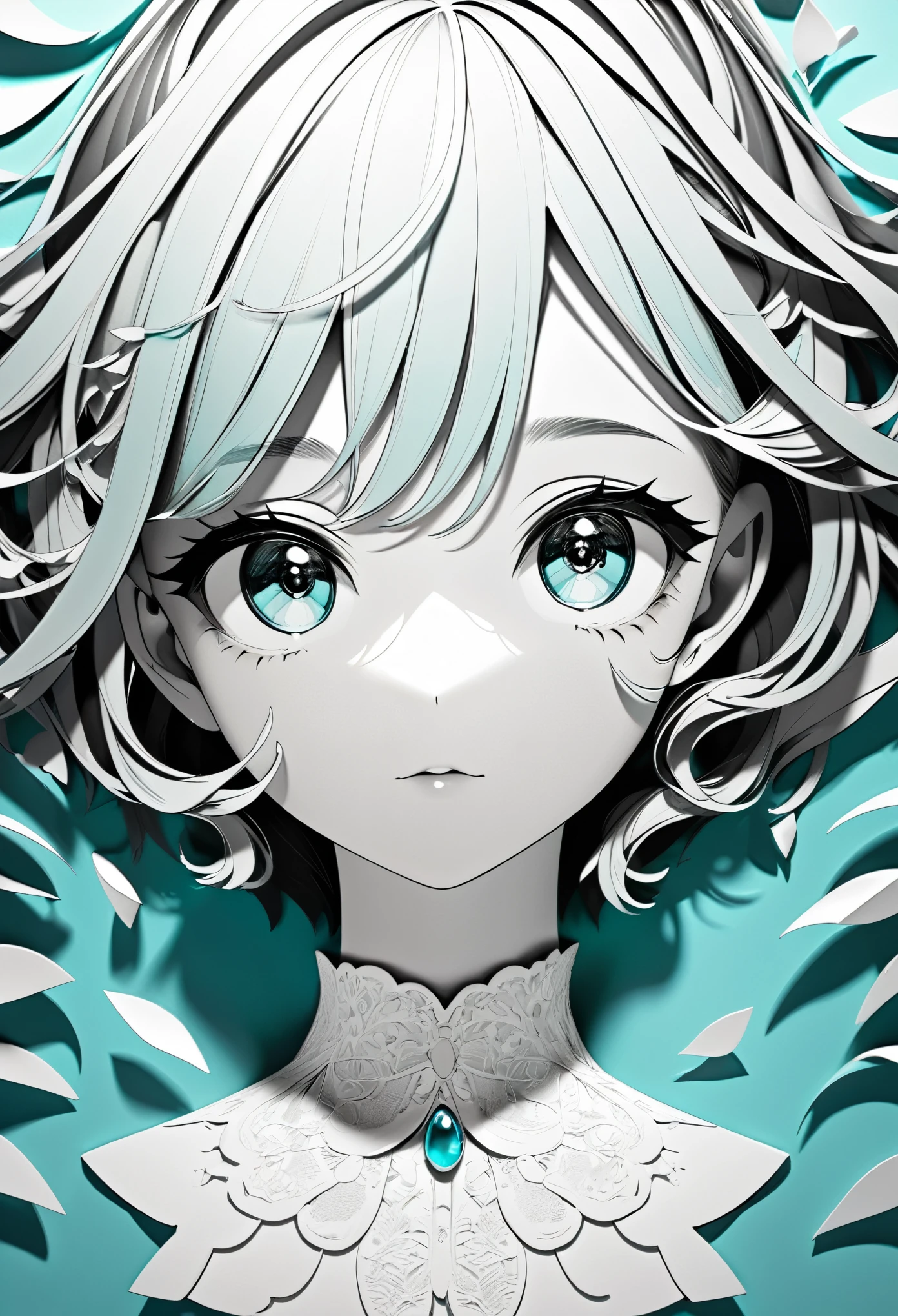 monochrome Tiffany Blue, Paper Cutouts, best quality, super fine, 16k, incredibly absurdres, extremely detailed, delicate and dynamic, cute girl portrait, three-dimensional effect expressed by light and shade, eye-catching effects, contemporary art
