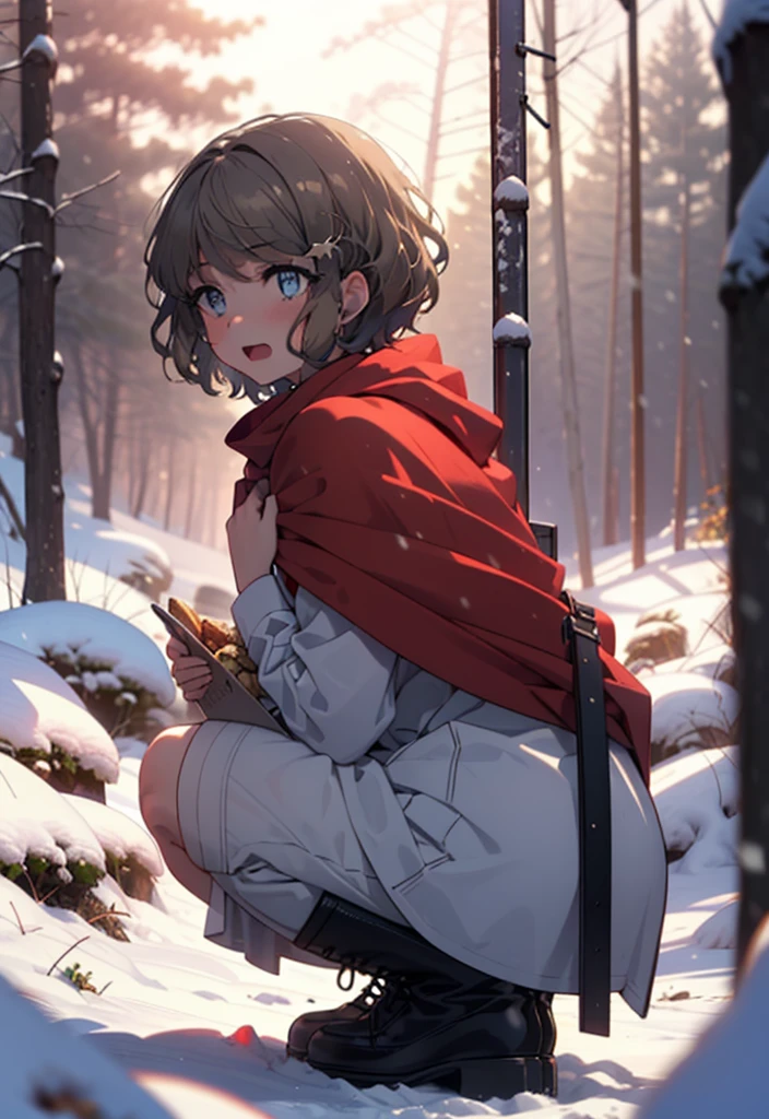 tomoekoga, Chie Koga, short hair, Brown Hair, blue eyes, hair band,smile,blush,White Breath,Mid-chest,
Open your mouth,snow,Ground bonfire, Outdoor, boots, snowing, From the side, wood, suitcase, Cape, Blurred, having meal, forest, White handbag, nature, Squat, Mouth closed, Cape, winter, Written boundary depth, Black shoes, red Cape break looking at viewer, Upper Body, whole body, break Outdoor, forest, nature, break (masterpiece:1.2), highest quality, High resolution, unity 8k wallpaper, (shape:0.8), (Beautiful and beautiful eyes:1.6), Highly detailed face, Perfect lighting, Highly detailed CG, (Perfect hands, Perfect Anatomy),
