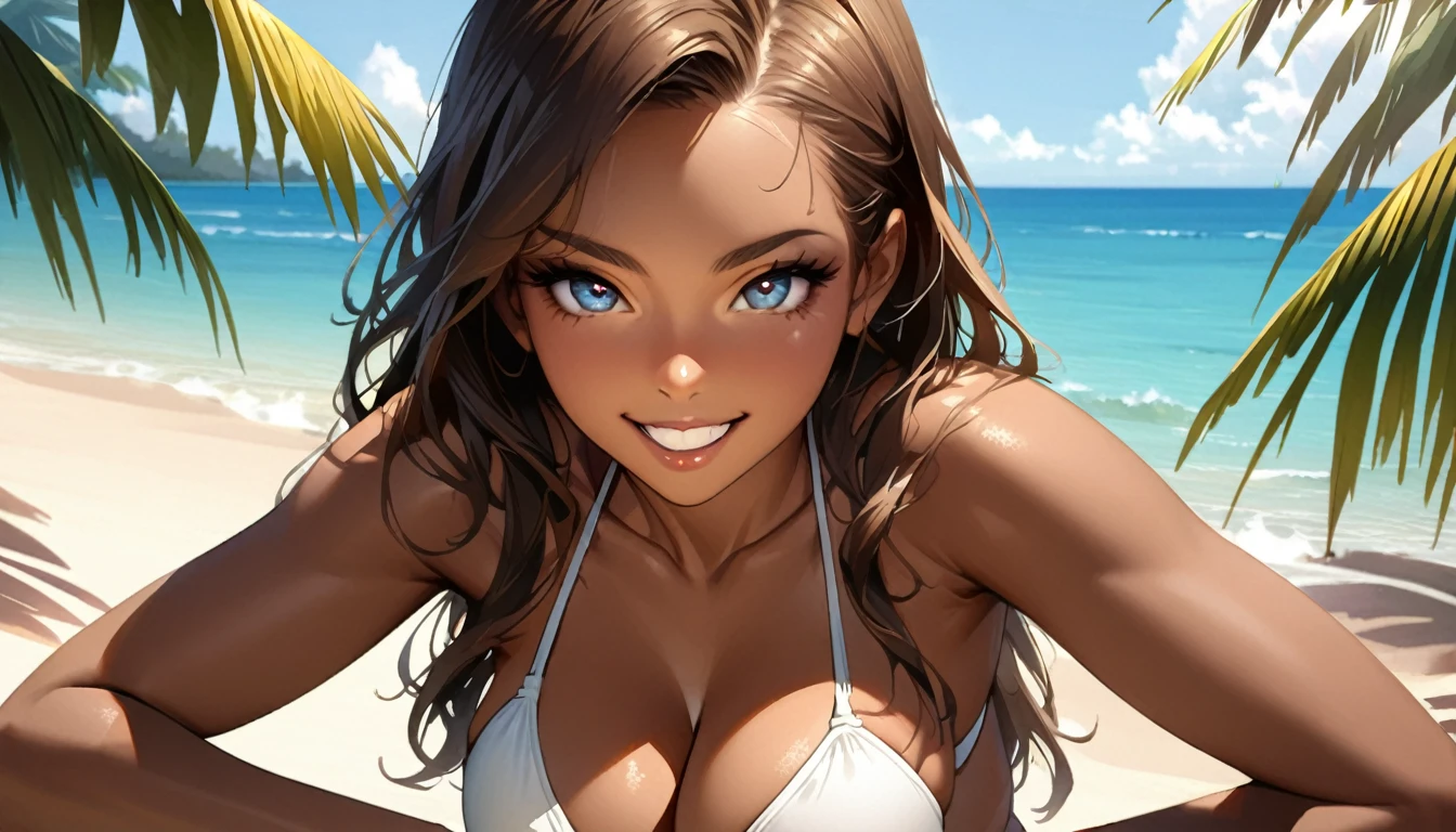 16 year old girl with a realistic smile、(Detailed face, Perfect Face, Perfect Eyes, Realistic eyes),bikini、Emphasize cleavage、sexy brown skin tone、Sexy pose、Tropical Beach