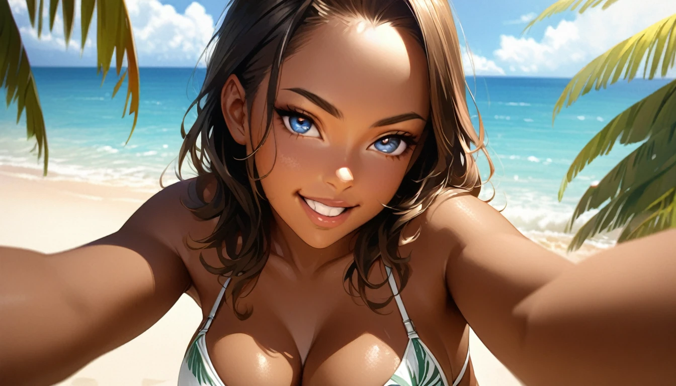 16 year old girl with a realistic smile、(Detailed face, Perfect Face, Perfect Eyes, Realistic eyes),bikini、Emphasize cleavage、sexy brown skin tone、Sexy pose、Tropical Beach