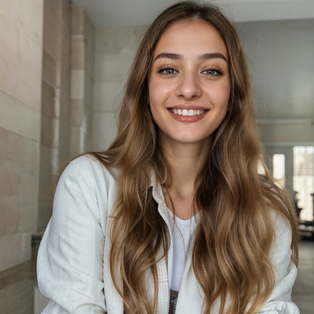one cute women, 22YO, white, Arab, cute face, realistic brown eyes, blue jacket, blonde/brown hair, cute smile, skinny face, white realistic teethes, big eyes, long hair, no hands