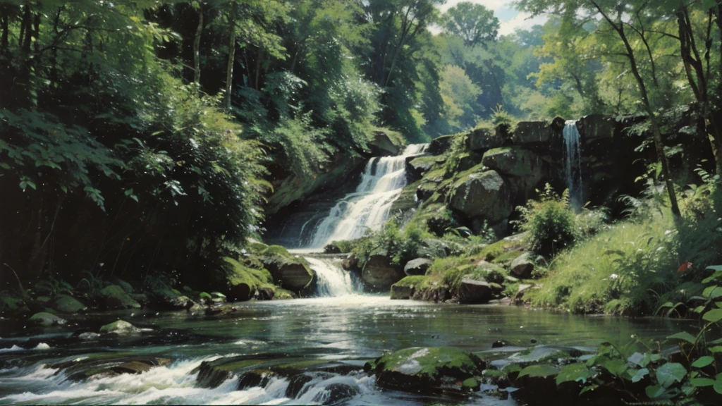 A grand piano on the bank near a stream flowing from a waterfall、White splashes are rising、In the forest of fresh greenery、A big black grand piano placed by the river、Makoto Shinkai-style anime illustrations、A rough illustration style、