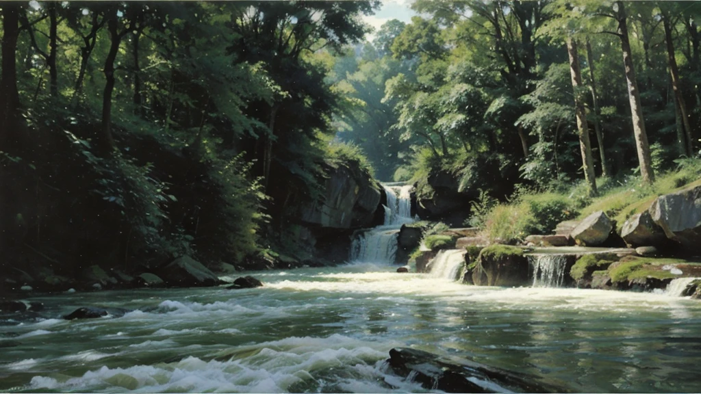 A grand piano on the bank near a stream flowing from a waterfall、White splashes are rising、In the forest of fresh greenery、A big black grand piano placed by the river、Makoto Shinkai-style anime illustrations、A rough illustration style、
