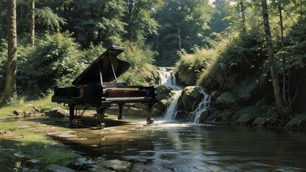 A grand piano on the bank near a stream flowing from a waterfall、White splashes are rising、In the forest of fresh greenery、A big black grand piano placed by the river、Makoto Shinkai-style anime illustrations、A rough illustration style、