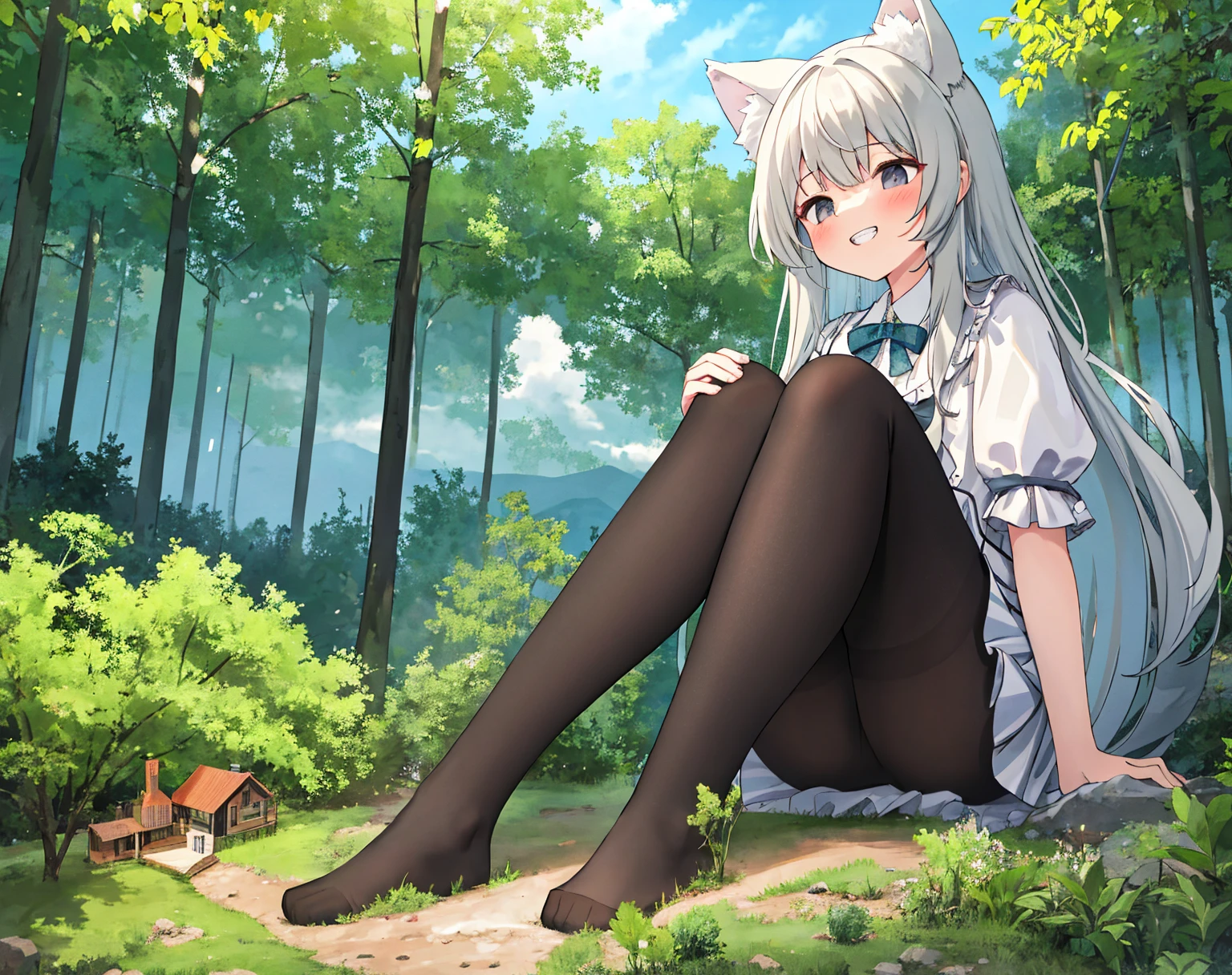One girl,cloud, In the forest,mountains,koyama, masterpiece, The best quality at its best, The content is very detailed,masterpiece,The best quality at its best,Official Art,Highly detailed CG synthesis 8k wallpaper,{{{Giant}}},Giant Girl,100 Meter Tall Girl,1 girl,Gray Hair, Wolf Ears, Miniature Village,Without shoes,Grin,Sitting in the forest ,Steam coming from the feet,
