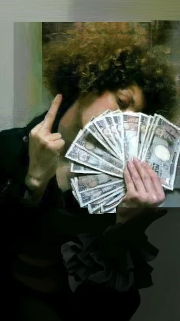 (best quality,4k,8k,highres,masterpiece:1.2),ultra-detailed,realistic,photorealistic:1.37, portrait, money fan covering her face, middle finger, curly afro