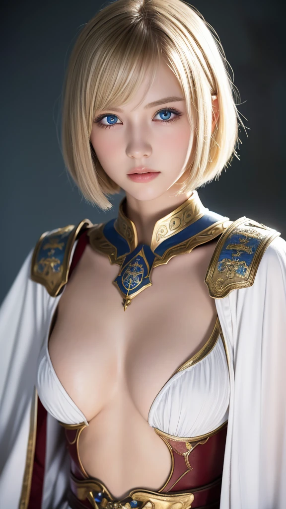 British girl with short, straight blonde hair, Van, Bobcut, blue eyes, 15 years, young, Pale skin, Slender body, Small breasts, Small breasts, Ultra-high resolution, Ultra-high resolution, (Realistic:1.4), Doll-like face, White robe、Luxuriously decorated metal armor on the chest only, Plasma Sword、Upper body only image、Background Medieval Fantasy