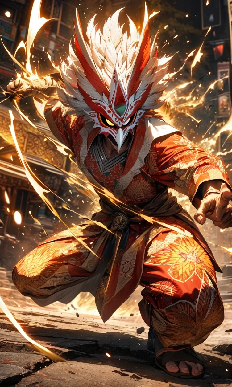 Full body view,absurdres, highres, ultra detailed, HDR, masterpiece, extremely detailed face and eyes,Indonesian Super Hero costume,,red and white Garuda costume, Garuda eagle mask, , Indonesia batik pattern , solo, man, handsome, ,, , Epic fight scene, golden splashing effect, golden effect,glowing glitters