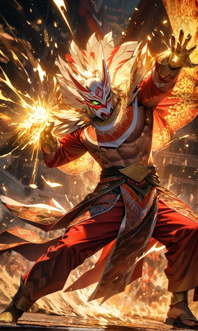 Full body view,absurdres, highres, ultra detailed, HDR, masterpiece, extremely detailed face and eyes,Indonesian Super Hero costume,,red and white Garuda costume, Garuda eagle mask, , Indonesia batik pattern , solo, man, handsome, ,, , Epic fight scene, golden splashing effect, golden effect,glowing glitters