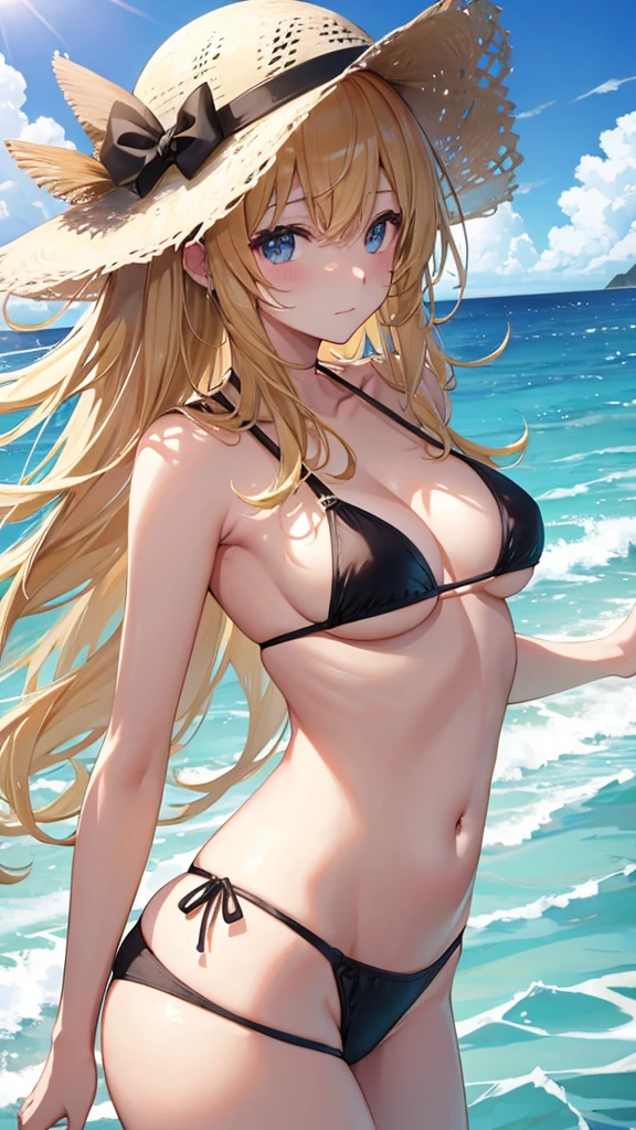 Black string bikini、Embarrassed、Blonde、high resolution、High quality、summer、Sunshine、Ocean、