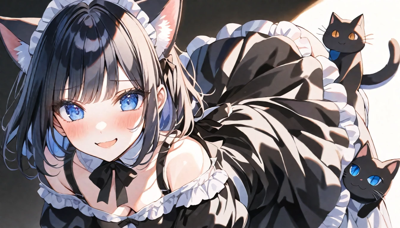 solo, handsome, Watercolor 1. Female,
Straight Bob Hair, black colored hair, 
Blue eyes,Softlook,Lolita,Drooping eyes,black cat ears,
Maid clothes,Off the shoulder,bra,skin,Sexy,smile,
black background,Embarrassed,Cat pose,