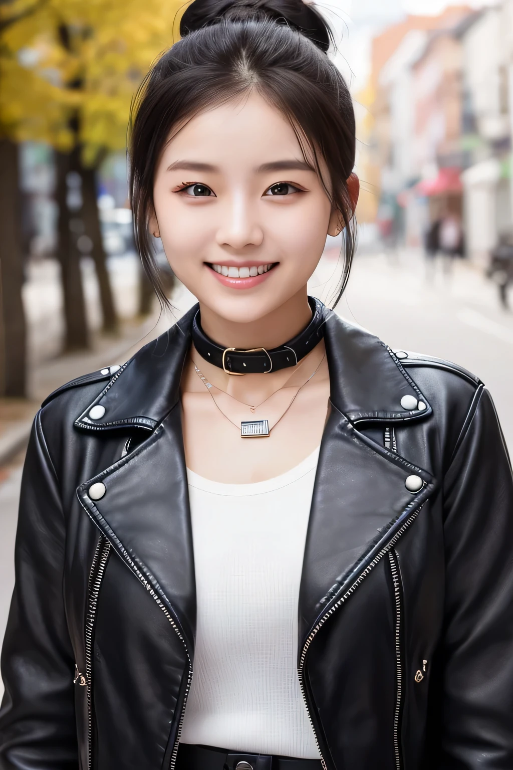 Beautiful Young Woman of the Year、 Korean women、Black Hair、Hairstyle: Bun、Necklace around the neck、leather jacket、shirt、smile, Beautiful teeth alignment、Intricate details, Very detailed:1.2), 、 Looking into the camera,The background is the town、ear piercing

