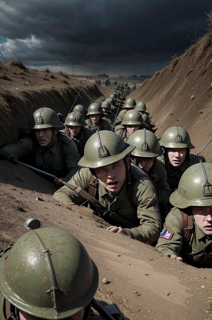 A group of soldiers in trenches, ready to advance in the midst of an intense battle during World War II. "hyper realistc"