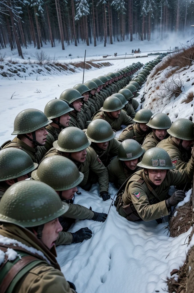 A group of soldiers in trenches, ready to advance in the midst of an intense battle during World War II. "hyper realistc"