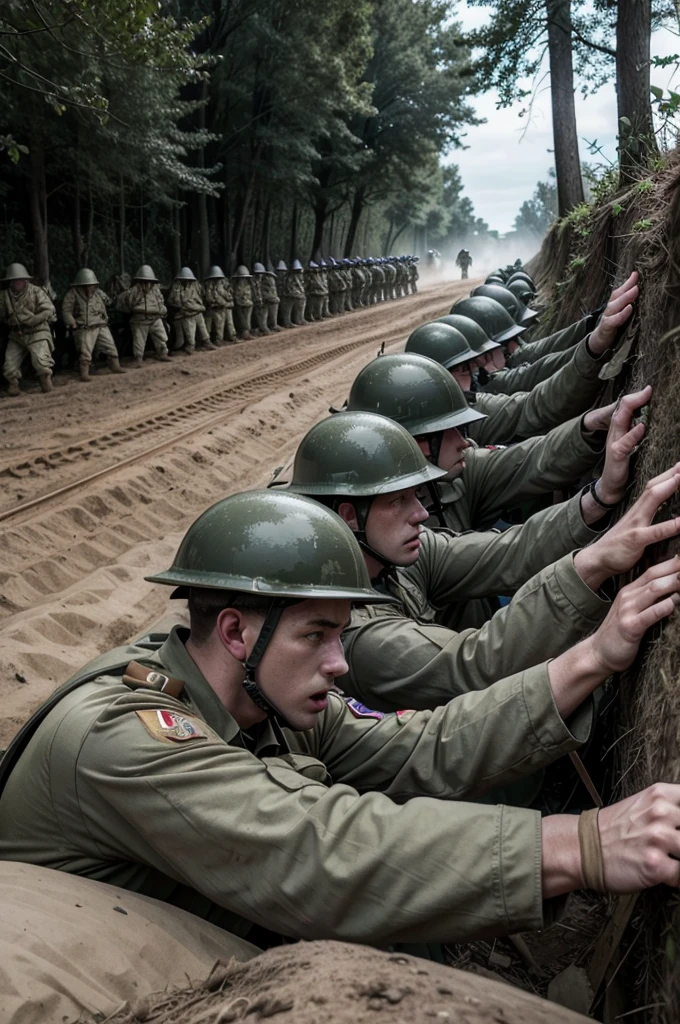 A group of soldiers in trenches, ready to advance in the midst of an intense battle during World War II. "hyper realistc"