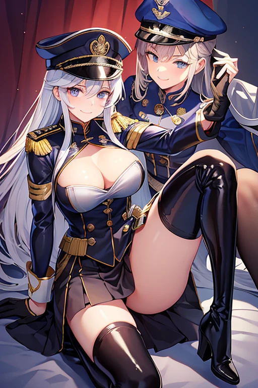 (highest quality,highest quality)、Female Officer、female soldier、uniform、Uniform cap、Mature Woman、NCO、Fallen into evil、female cadres、Exquisite breasts、Bewitching Smile、Villainess、Wicked Smile、latex、Long gloves、Thigh-high boots、Tight Skirt、slit、Strong gloss、Beautiful feet、lure、Venus flytrap、Fascinating