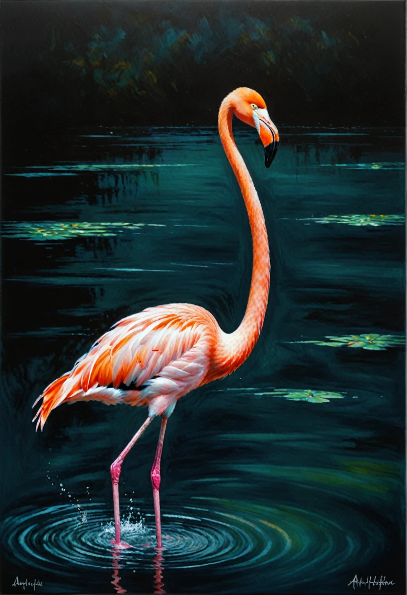 painting of a flamingo walking on the water with a dark background, flamingo, painted in acrylic, award-winning oil painting, an acrylic painting, acrylic on canvas, beautiful painting of a tall, by Anna Haifisch, acrylic painting, fine art oil painting, flamboyant, animal painting, acrylic paint on canvas, by Charlotte Harding, professional oil painting