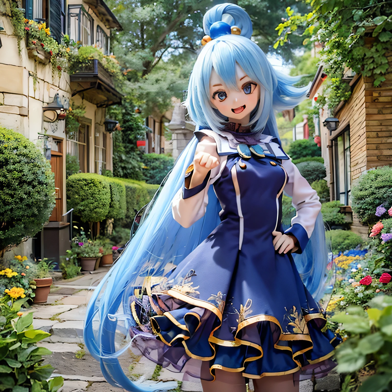 (a young girl and) Blue Hair, (wear) a white and blue dreSS, (Holding) staff, (Standing) wealthy, Vibrant Garden, (and) Colorful flowers (flowering) Around her, (Down) Clear blue sky.(((((punch)))))
(Portraiture) girl&#39;S, (Realistic) rendering, (and) (Very detailed) Features, (inclusive) Sparkling blue eyes, (Rose color) lips, and (length) eyelash.
(highest quality, 4K, High resolution) image, (and) (Vivid) color, (Emphasis expressed) girl&#39;Stylish and lively appearance.
(the garden iS filled and) sunlight, (end) a warm and inviting atmoSphere, (and) kind (Light of the sun) Light up the scene.villain poSe
have a magic wand (((open your mouth and laugh)))