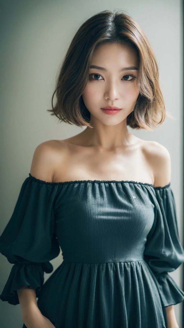 ((best qualtiy, 8K, tmasterpiece:1.3)), Focus:1.2, perfect figure beautiful woman:1.4, Cocked buttocks:1.2, ((Cut hair in layers:1.2)), (medium tits),(Bandeau dress:1.5), Highly detailed facial and skin texture, A detailed eye, double eyelid,Whiten skin,long whitr hair,(Keep one's mouth shut:1.3),ssmile