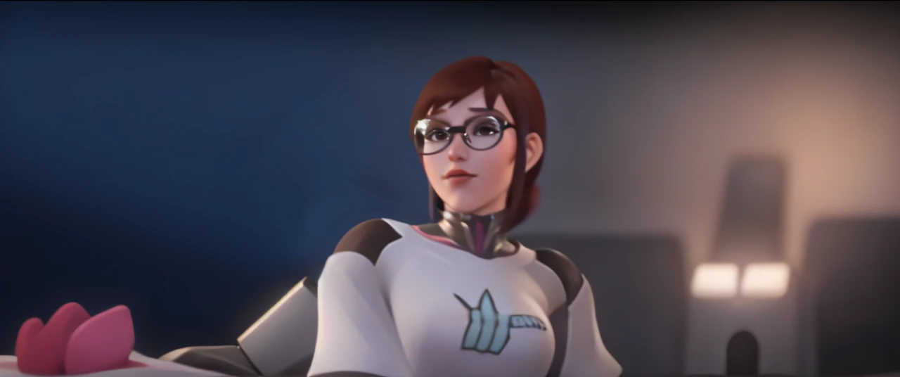 DVA from Overwatch without her roboter, 1 girl solo in her bedroom, a white t shirt, round glasses, tied up short brown hair, nsfw