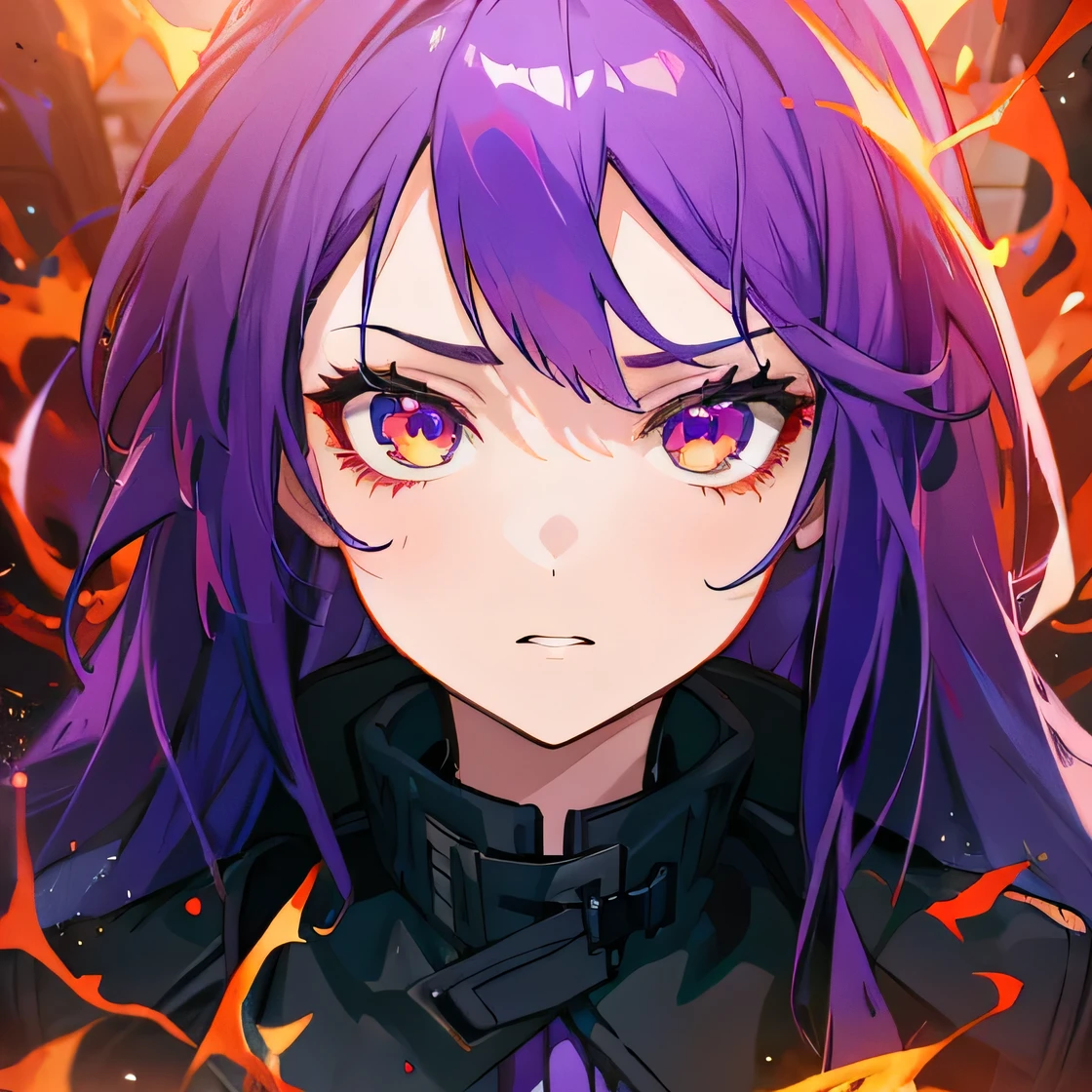 1 woman, black jacket, long purple hair, burning eyes, anime, realistic, 4k