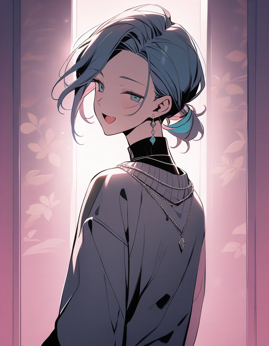 ((((best masterpiece, best quality, wallpaper,)))) solo, 1male, 30 years old, handsome man, medium long shot, view straight on, looking at viewers, beautiful detailed, longuette,mediumturquoise hair, Lower short ponytail, asymmetrical bangs, ((((^o^, closed eyes, ,tareme, droopy eyes,)))) sharp nose, seductive smile, clear face, black turtleneck, grey cardigan, （silver earrings, silver necklace,） leggings, Clothes, lighting back, backlighting, pink background color,