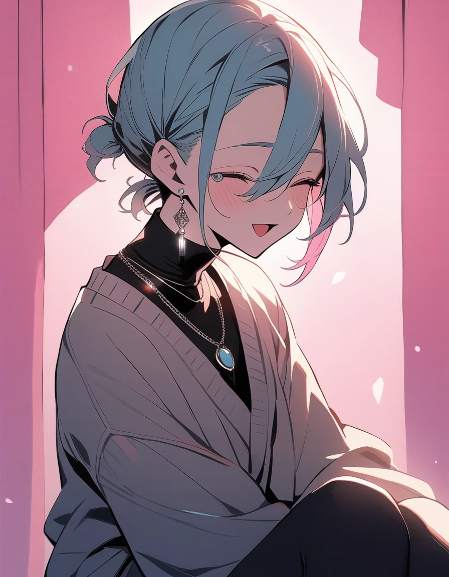 ((((best masterpiece, best quality, wallpaper,)))) solo, 1male, 30 years old, handsome man, medium long shot, view straight on, looking at viewers, beautiful detailed, longuette,mediumturquoise hair, Lower short ponytail, asymmetrical bangs, ((((^o^, closed eyes, ,tareme, droopy eyes,)))) sharp nose, seductive smile, clear face, black turtleneck, grey cardigan, （silver earrings, silver necklace,） leggings, Clothes, lighting back, backlighting, pink background color,