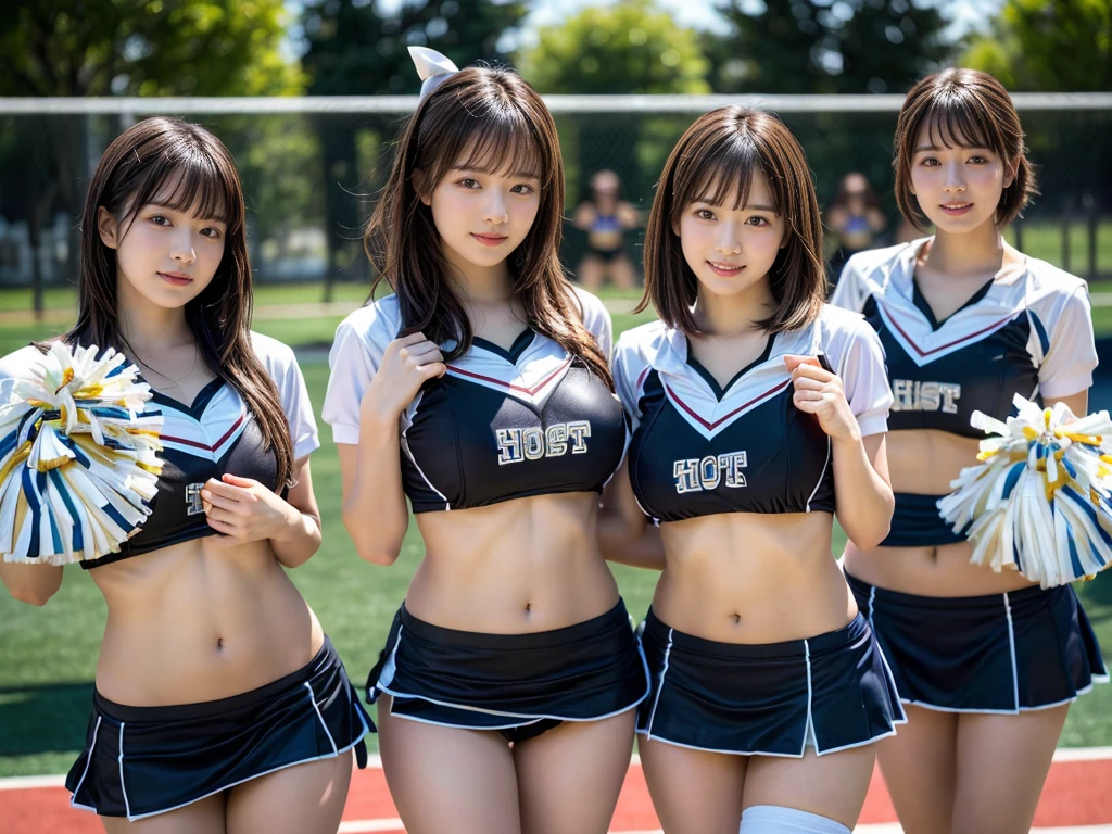 (RAW photo, 4k, masterpiece, high resolution, extremely complex) (realistic: 1.4), cinematic lighting
((2 girls, 2 schoolgirls)),blushing,((innocent)),bright eyes,round eyes,blunt bangs,(short bob hair:1.3),black hair,large breasts,wide hips,Summer Noon, ,Hot, (Best Quality), (Highres), (an Extremely Delicate and Beautiful),(Beautiful 8k face),(Brown eyes),( spectators),(gigantic breasts),(Play with each other,Touching each other's bodies,Touching the body),(cheer girl:1.5),(a miniskirt),(reality),bright lighting,(The background is a luxury hotel room)