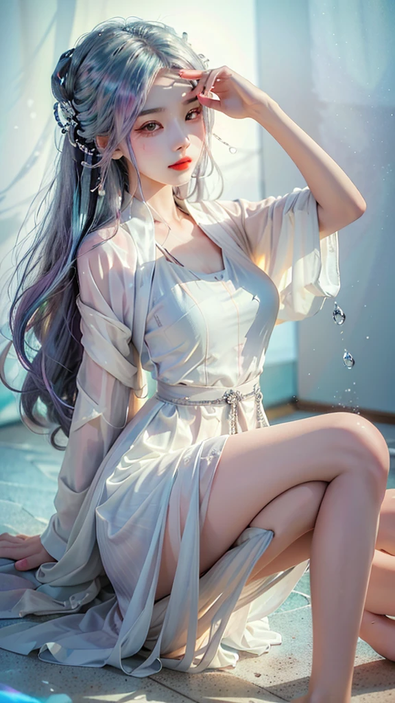 ((Shot in the knee)),（masterpiece、best quality、high resolution），（Color Background，（Splash of Color）），Sweet girl，Light blue and white medium length hair，[Light Blue|pink]hair，curls，Shiny，红pink的嘴唇，The cracks are relatively large，Splash of Color，Volumetric Lighting，Full breasts, elegant gesture, Sexy slender legs