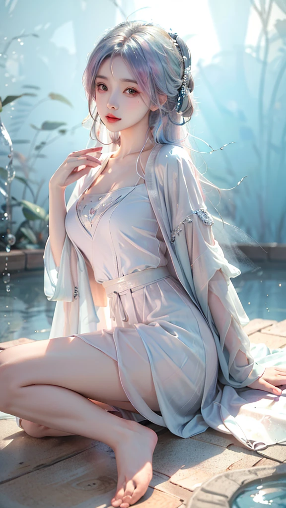 ((Shot in the knee)),（masterpiece、best quality、high resolution），（Color background，（Splash of Color）），Sweet girl，Light blue and white medium length hair，[Light Blue|pink]hair，curls，shining，红pink的嘴唇，The crack is relatively large，Splash of Color，Volumetric Lighting，Full breasts, Elegant Posture, Sexy slender legs