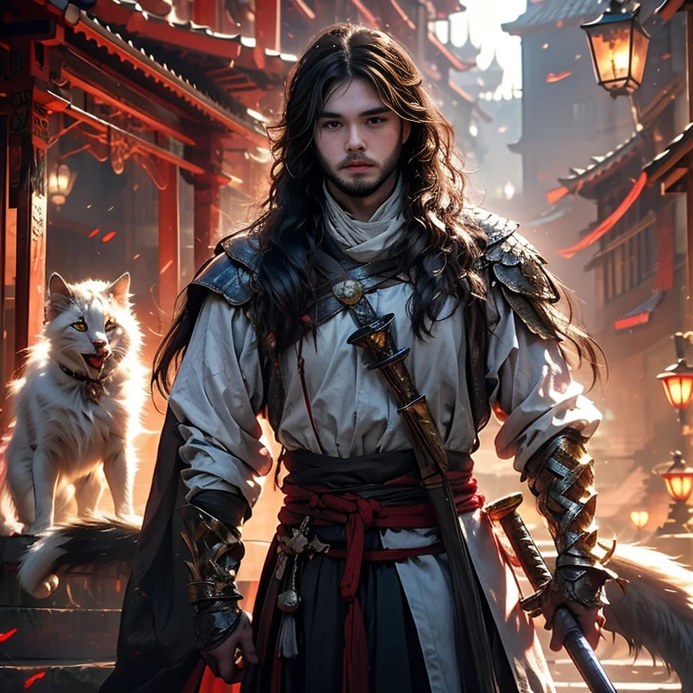 I want a picture of a majestic warrior cat. In the form of Jon Snow . He carries a big red sword . بجودة ful hd