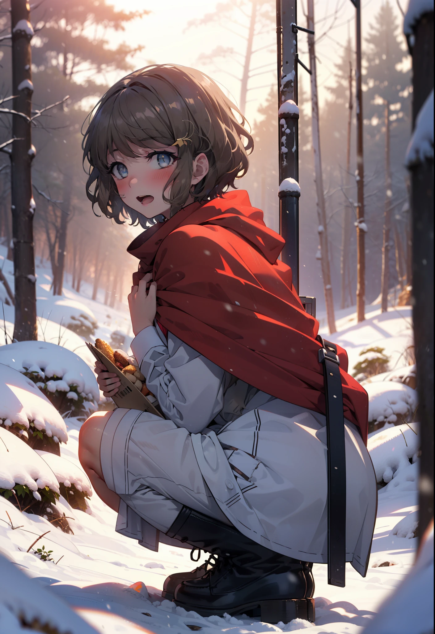 tomoekoga, Chie Koga, short hair, Brown Hair, blue eyes, hair band,smile,blush,White Breath,Mid-chest,
Open your mouth,snow,Ground bonfire, Outdoor, boots, snowing, From the side, wood, suitcase, Cape, Blurred, having meal, forest, White handbag, nature, Squat, Mouth closed, Cape, winter, Written boundary depth, Black shoes, red Cape break looking at viewer, Upper Body, whole body, break Outdoor, forest, nature, break (masterpiece:1.2), highest quality, High resolution, unity 8k wallpaper, (shape:0.8), (Beautiful and beautiful eyes:1.6), Highly detailed face, Perfect lighting, Highly detailed CG, (Perfect hands, Perfect Anatomy),