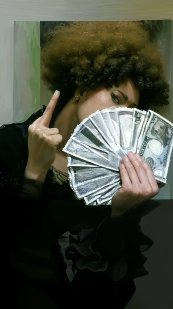 (best quality,4k,8k,highres,masterpiece:1.2),ultra-detailed,realistic,photorealistic:1.37, portrait, money fan covering her face, middle finger, curly afro