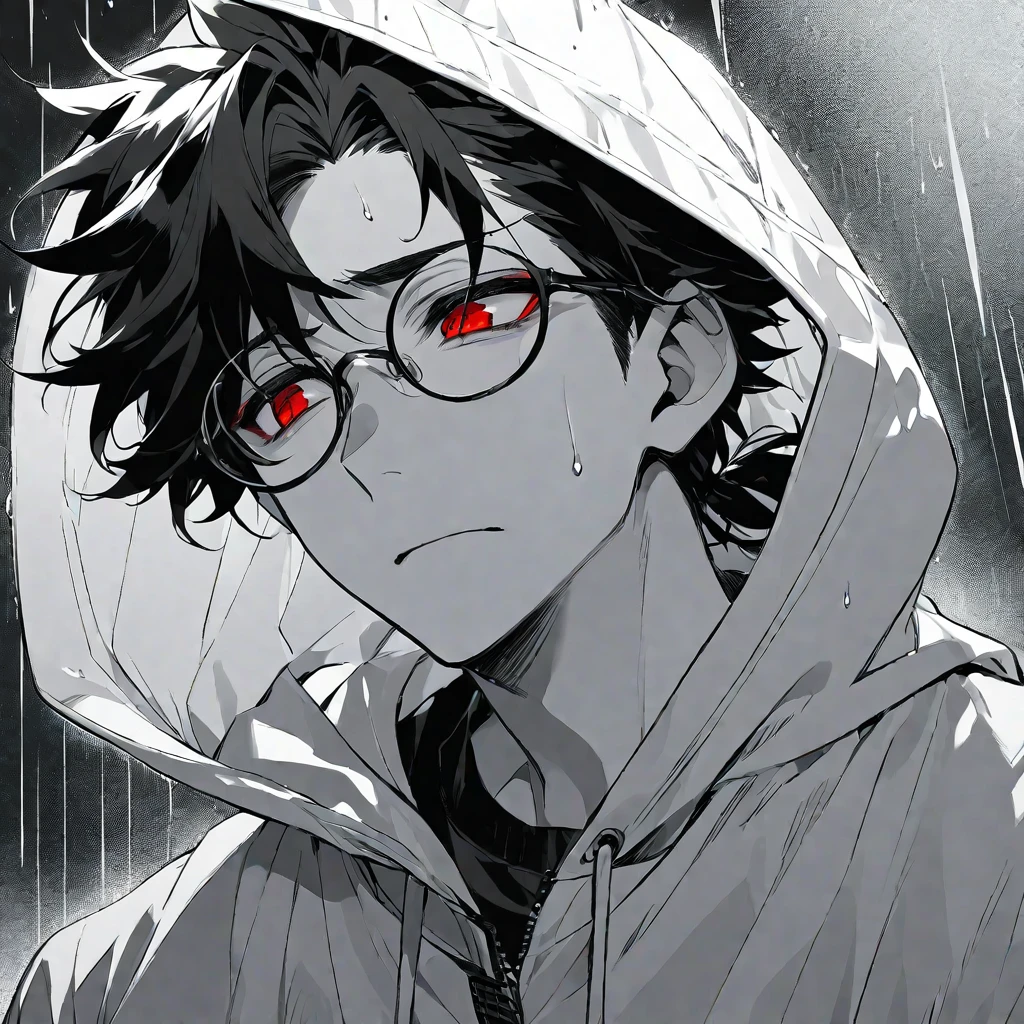 solo, handsome,Monochrome,
1 male,
Ponytail, Braided black hair,
red eyes, Gojo Satoru,casual, hoodie,
monotone,cool,Sadness,Feelings of emptiness,Emptiness,Round Glasses,Put on the hood,rain,
black background,Look down