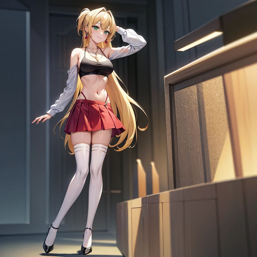 Masterpiece, ultra high quality, CG, 4k, full body, perfect anatomy, Front, Back, Side, Left, Right, Correct, 1girl, high detailed, blonde hair, long hair, ponytail, earrings, green eyes, necklace, red mini skirt, red top crop, medium breasts, high heels, black_thighhighs with suspenders, smile, simple background