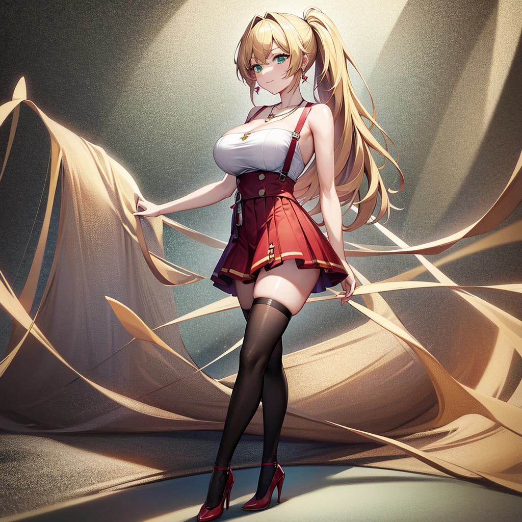 blonde hair, long hair, green eyes, cleavage, medium breast, skirt, slim legs, fighter, forest, guild