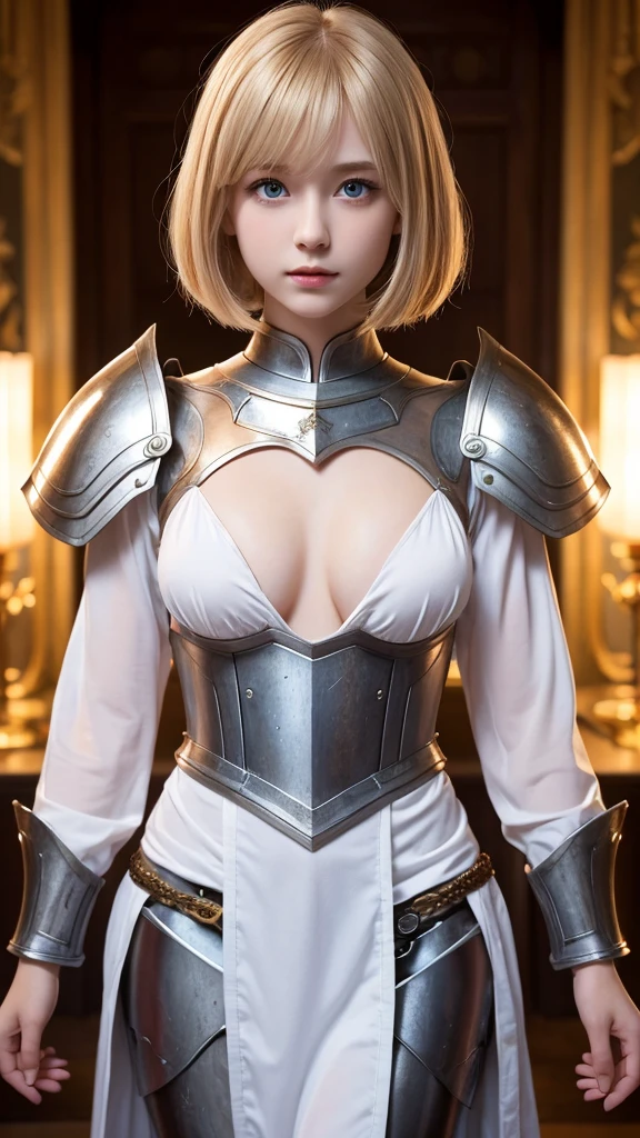 British girl with short, straight blonde hair, Van, Bobcut, blue eyes, 15 years, young, Pale skin, Slender body, Small breasts, Small breasts, Ultra-high resolution, Ultra-high resolution, (Realistic:1.4), Doll-like face, White robe、Luxuriously decorated metal armor on the chest only, Chest armor、Plasma Sword、Upper body only image、Background Medieval Fantasy