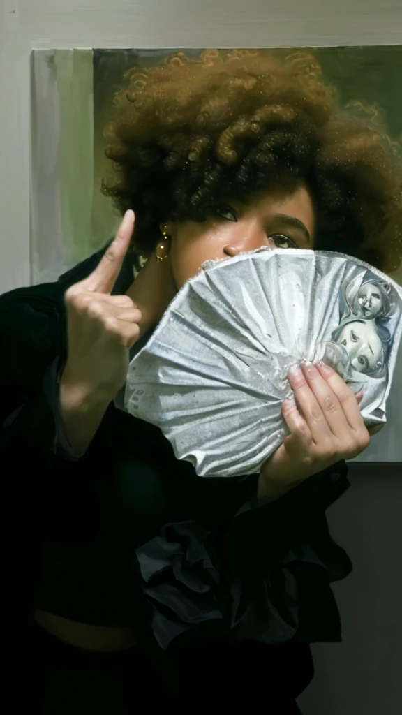 (best quality,4k,8k,highres,masterpiece:1.2),ultra-detailed,realistic,photorealistic:1.37, portrait, money fan covering her face, middle finger, curly afro