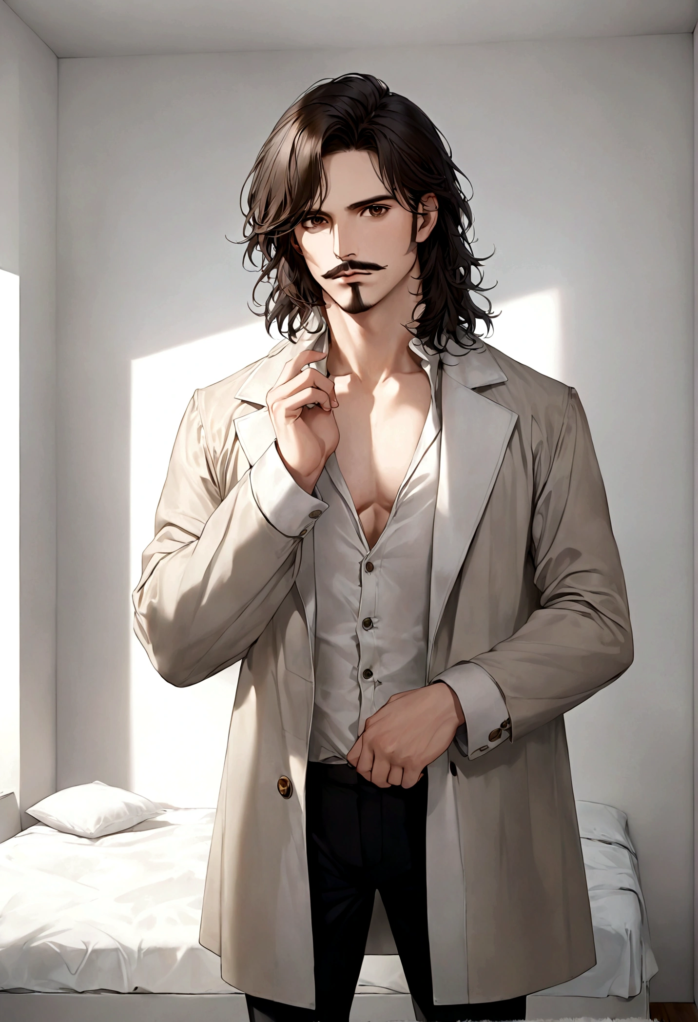 (abrigo para hombre), ), ((bigote estilo Van Dyke y (barba de chivo) "Van Dyke", Van Dyke beard)), (light brown eyes), Aspecto atractivo y serio, cabello muy largo oscuro, messy hair, Elegante y con estilo, abrigo de cuerpo, Un hombre similar al actor Jim Morrison con el cabello largo, ((cabello muy largo)) (Imagen realista y de alta calidad), Apartamento escandinavo en el fondo simple de un cuarto, ((La mejor calidad, 8K, obra maestra).((pose dinamica))