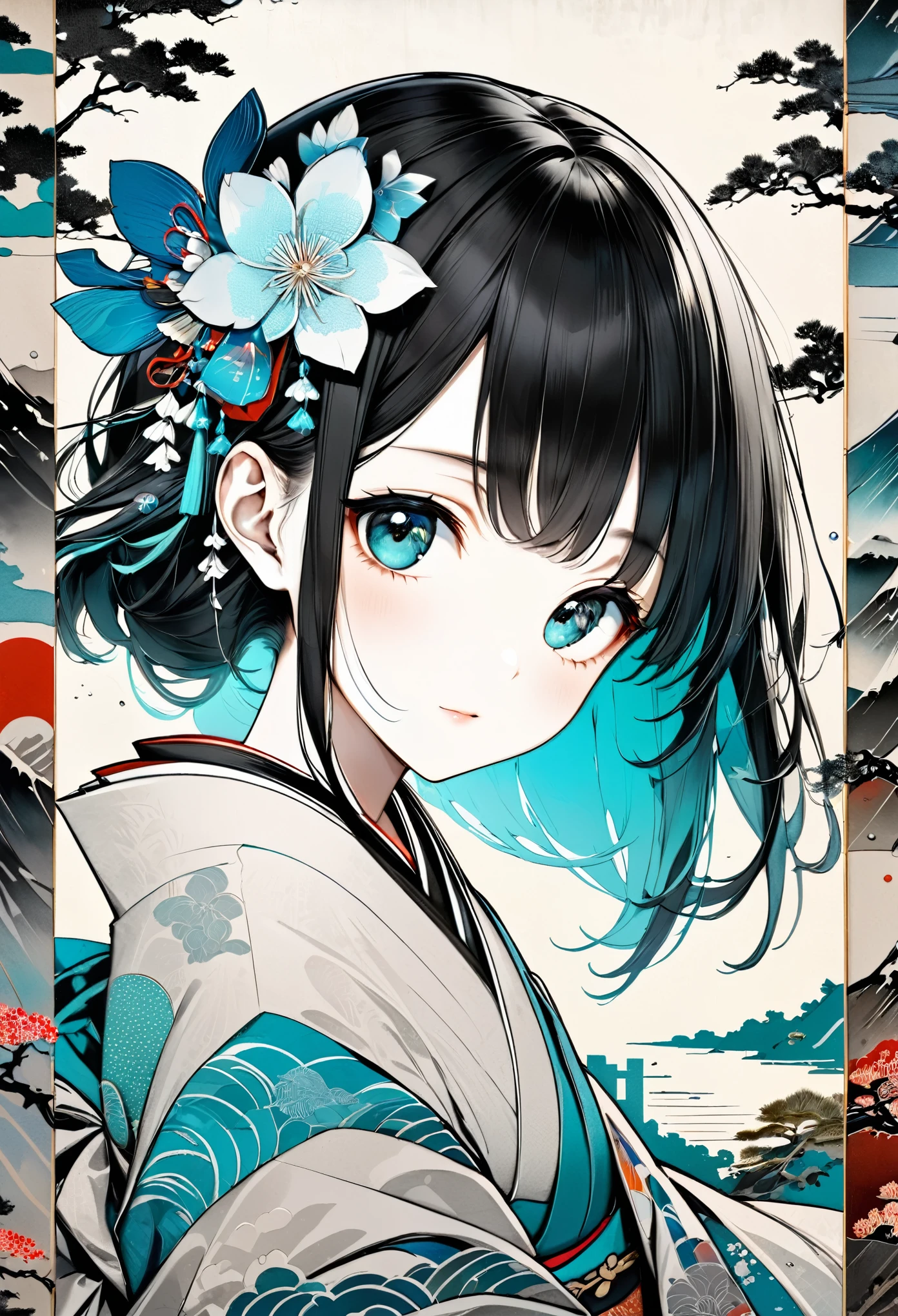 monochrome Tiffany Blue, Paper Cutouts, best quality, super fine, 16k, incredibly absurdres, extremely detailed, delicate and dynamic, fusion of watercolors and oil paintings, mix of Japanese painting, ukiyo-e and woodblock prints, mix of monochrome and color, cute girl portrait, three-dimensional effect expressed by light and shade, eye-catching effects, contemporary art