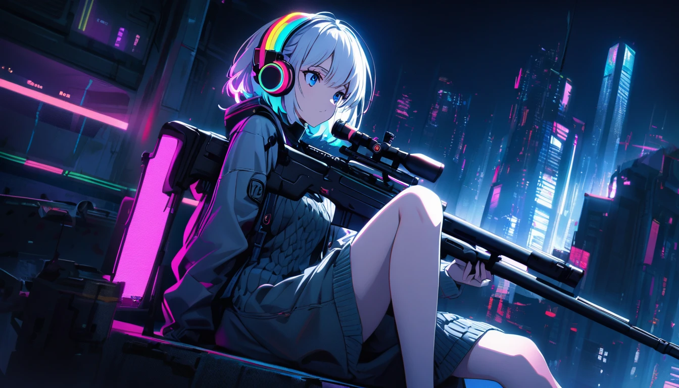 Handsome cute, Solitary, 1 female, Medium Length Hair, white hair, Rainbow hair, blue Eyes, Rainbow headphone, knit dress, Futuristic, Cyberpunk, Cybernetics panoramic, in the night, looking away, Sitting, holding weapon, sniper rifle,